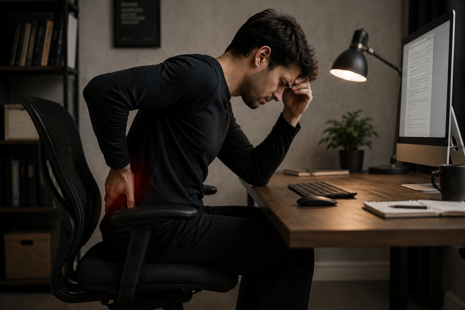 Homem sentindo desconforto nas costas durante o trabalho