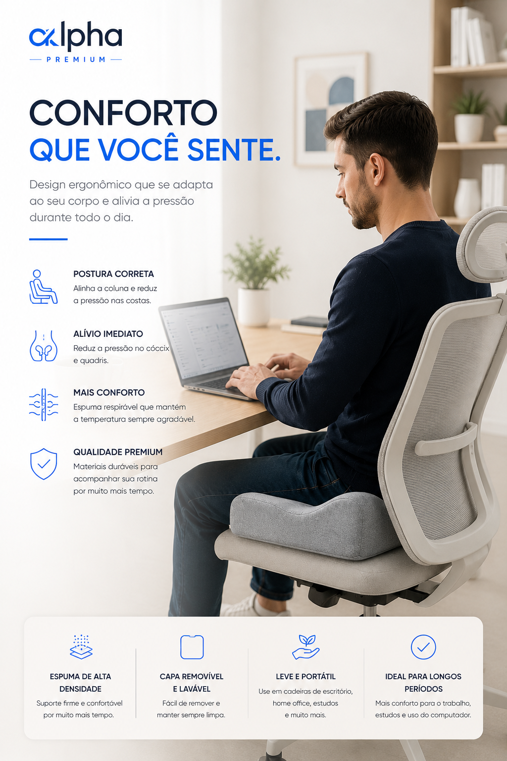 Homem utilizando a almofada Alpha Premium em uma cadeira de escritório