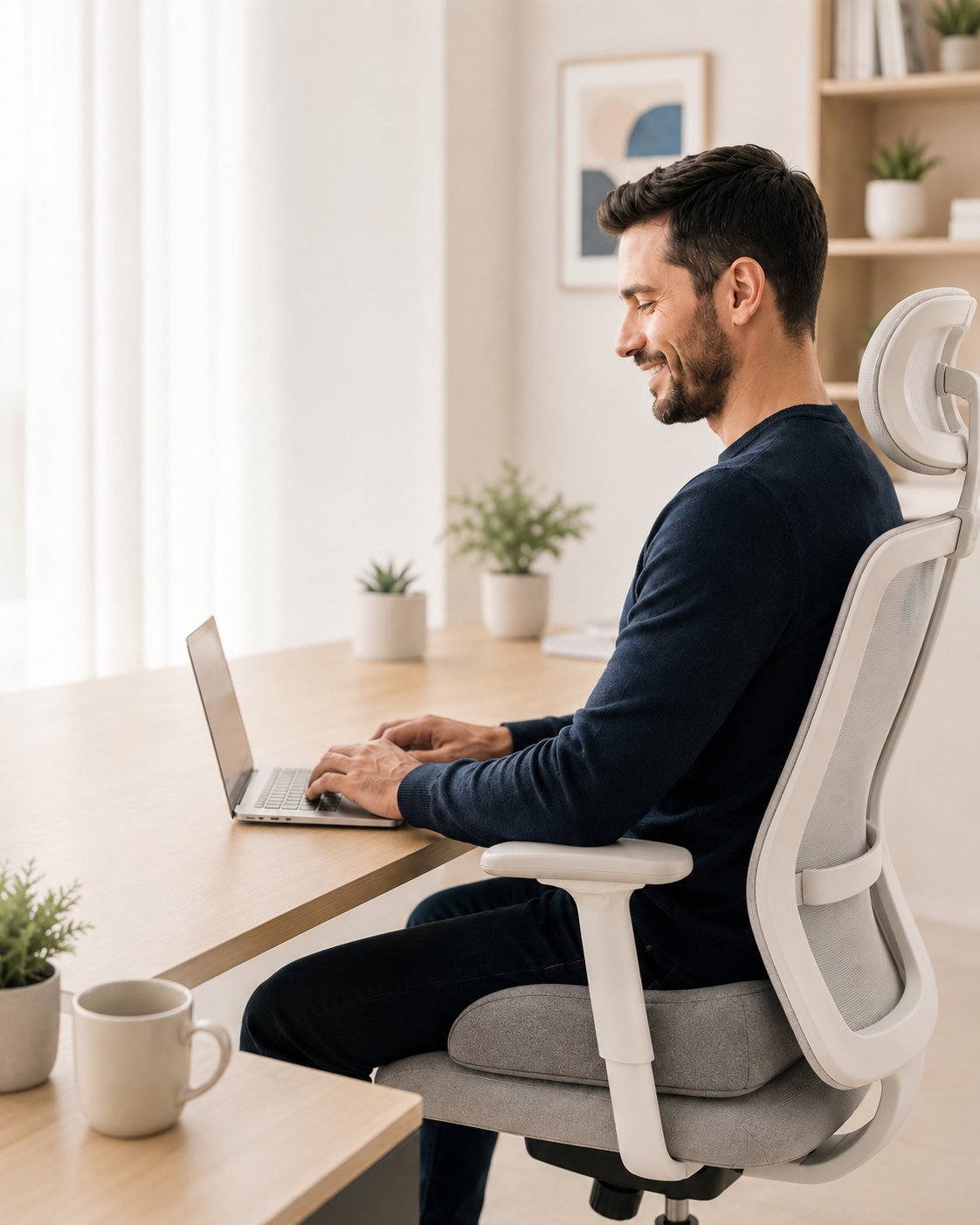 Homem trabalhando confortavelmente com a almofada Alpha Premium